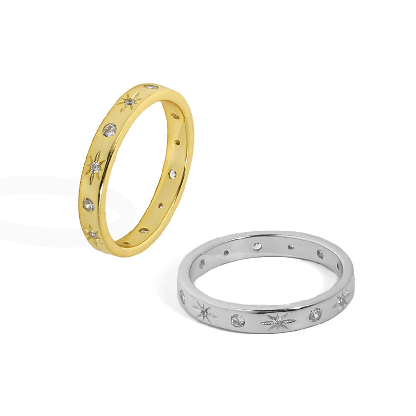 Ins Style New Fashion 925 Sterling Silver Jewelry Simple 18K Gold Plated Multicolor Zircon Couple Band Ring for Women