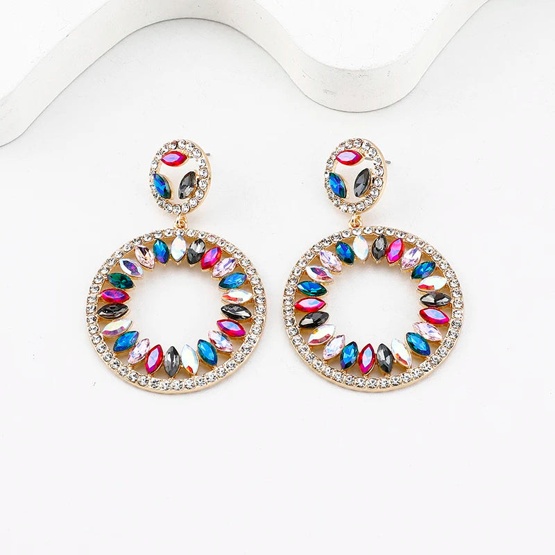 Hot Sale Diamond Stud Earrings Coloured Hollow Rhinestone Geometric Statement Hoop Earrings
