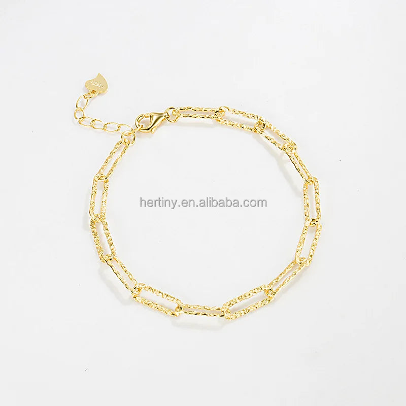 Sparkling 925 Sterling Silver 18K Gold Paper Clip Chain Bracelet for Women