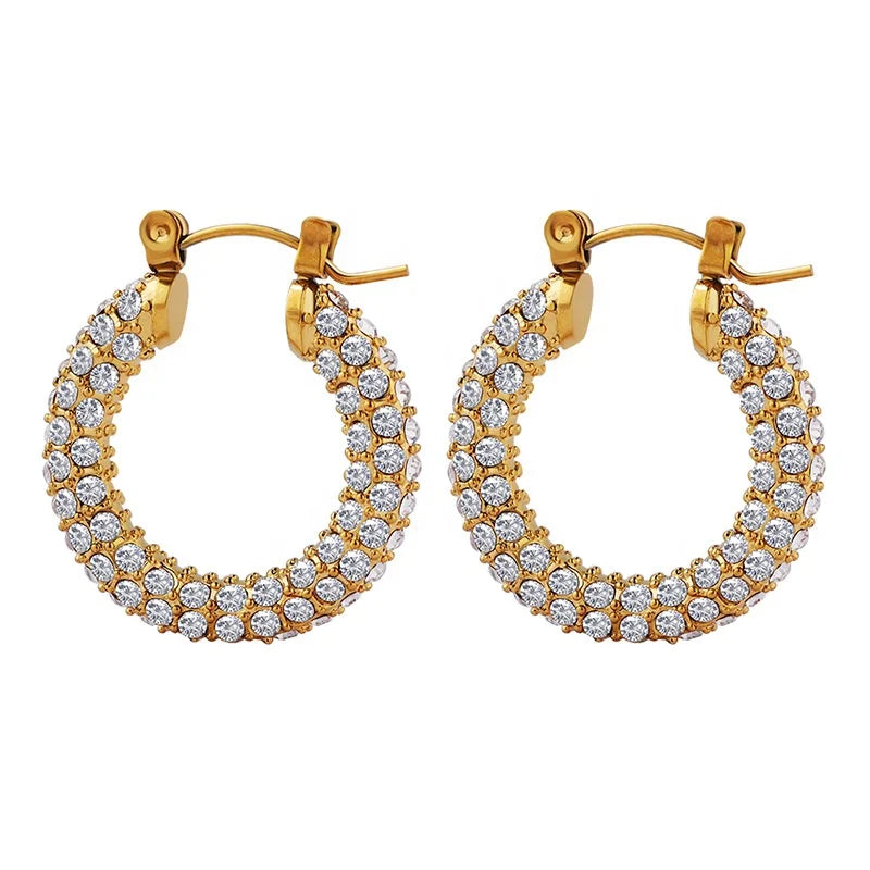 Fashion 18K Gold Plated Stainless Steel Pave Full Diamond Clear Cubic Zircon Huggie Hoop Earrings