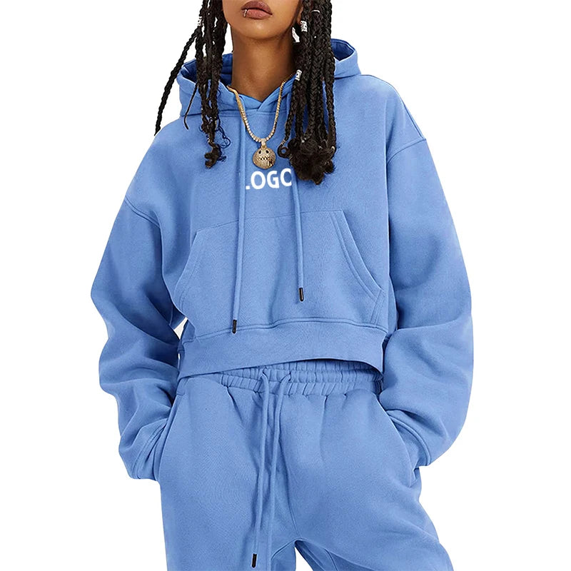 L230784 Custom Logo Joggers Cropped Sports Casual Suit Two Piece Sets Crop Top Hoodies Sweatpants Heavy Clothing Women Outfits