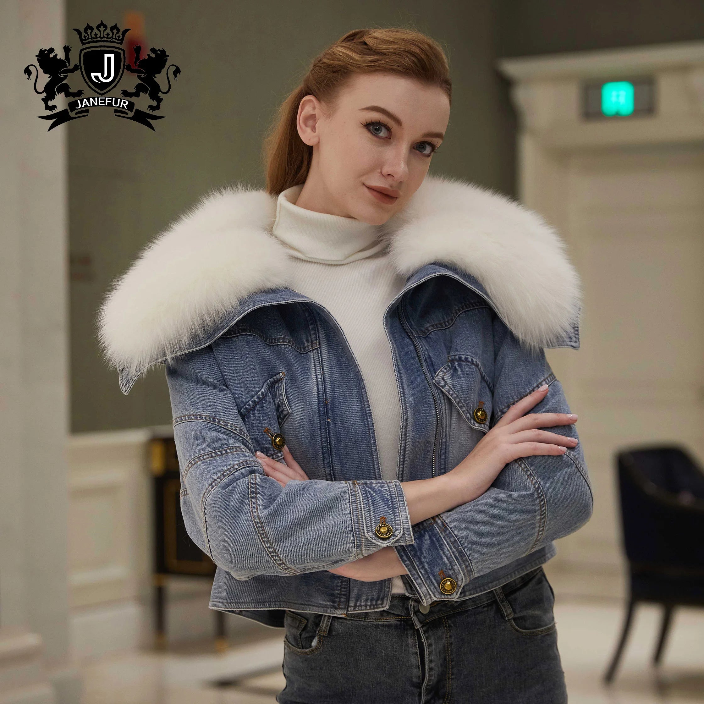 Janefur Winter Warm Loose Down Jacket Womens Large Fox Fur Collar Denim Down Jacket for Women