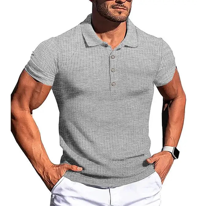 Men's European and American Summer Stretch Knitted Sports Fitness Vertical Stripe Slim Knitted Polo Shirt