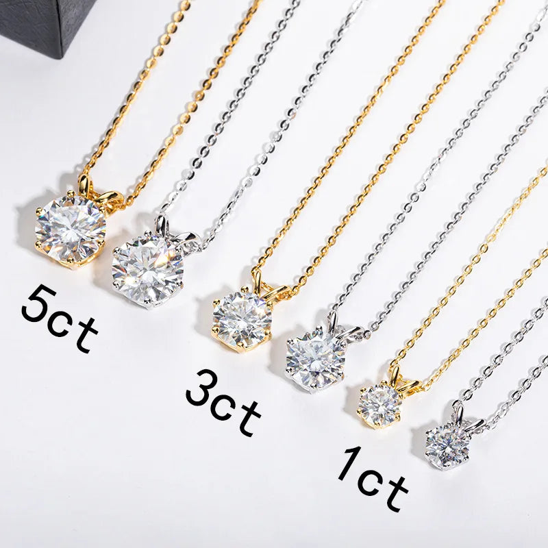 High End Classic 1/3/5 Carat D Color Moissanite Six Claw S925 Silver Plated K Gold Pendant Necklace for Women
