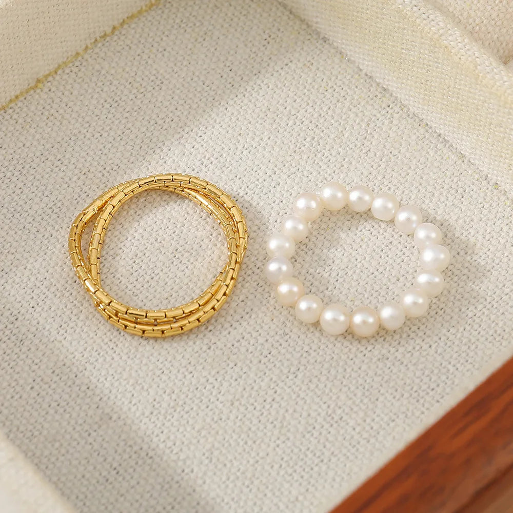 Shescity Trendy Gold Plated Natural Freshwater Pearl Rings Minimalist Stacking Designer Women Finger Rings Jewelry