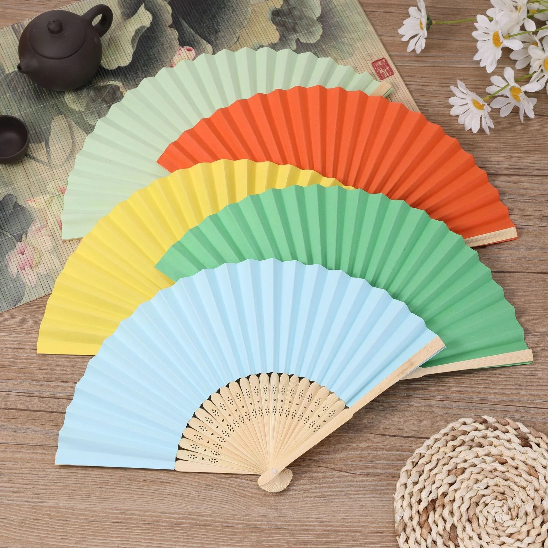 New Product Blue Style Paper Wedding Folding Fans for Summer Hoiding Wedding Decoration
