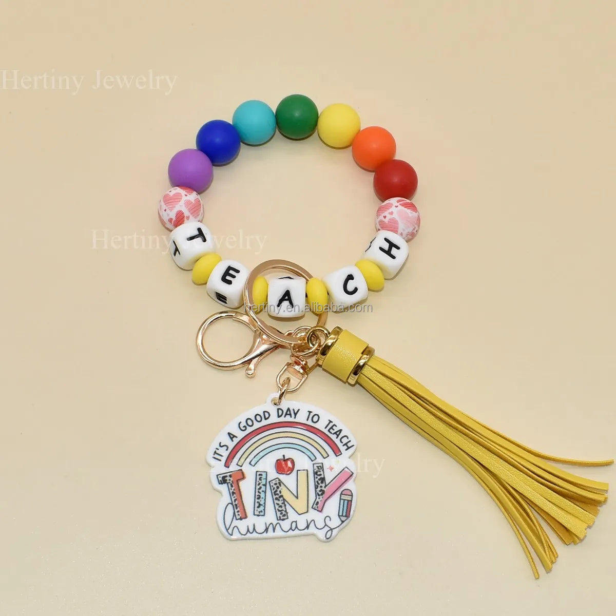 Classic Rainbow Silicone Beads Wristlet Keychain Bracelet Eco-Friendly Tiny Disc Tassel for Teachers' Gifts