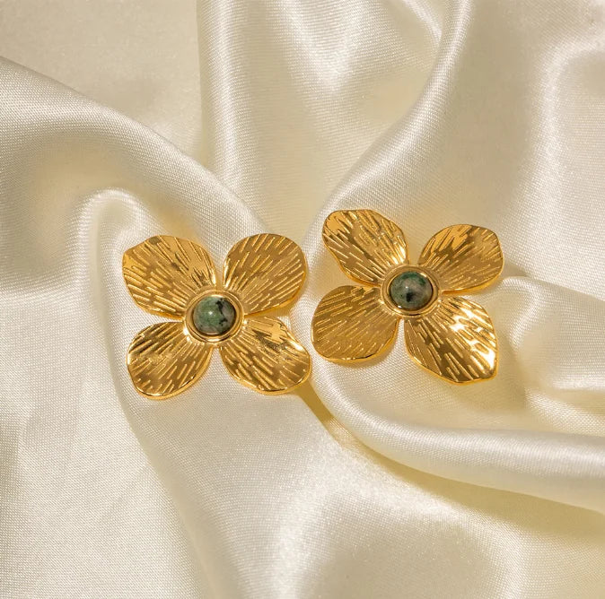 Vintage French Style Chunky Flower Hoops Jewelry 18K Gold Statement Bold Large Petal Flower Turquoise Stud Earrings