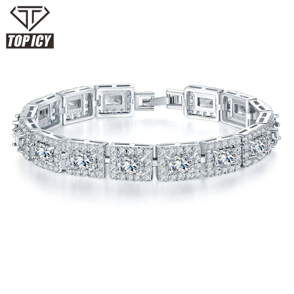 Top Icy Hip Hop Jewelry Square Diamond Multicolor Tennis Bracelet Brass 18K Gold Plated Cubic Zirconia Baguette Bangle for Lady