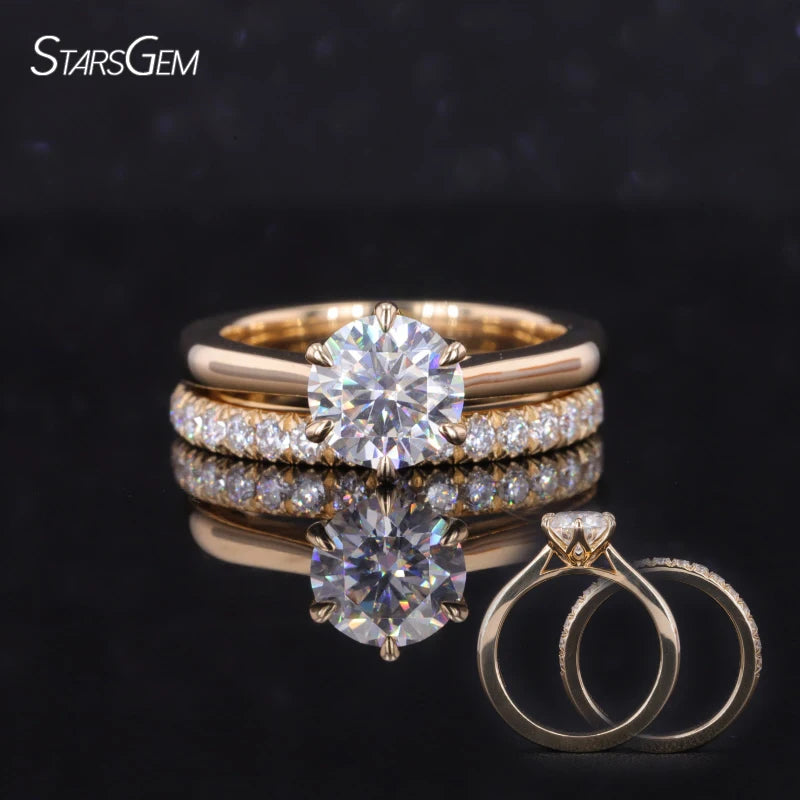 Custom Fine Jewelry 14K Solid Yellow Gold Round Brilliant Cut Lab Grown Diamond Engagement Wedding Ring Set