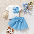 Girls' Summer Sweet Clothes Set Short Sleeves Three-dimensional Blue Flower Top T-shirt Bow Skirt Two-piece Set