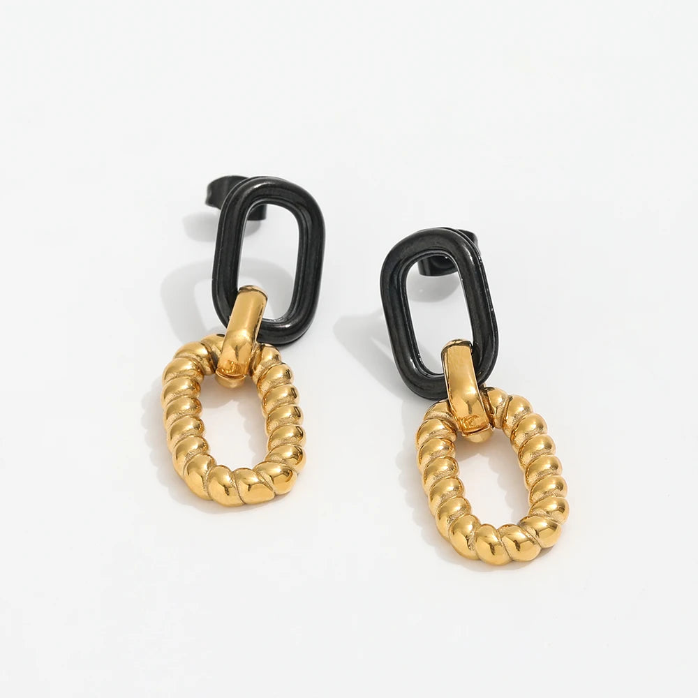 New Arrival Black Rectangle Black Rope Chain Mixed Statement Stainless Steel Dangle Earring