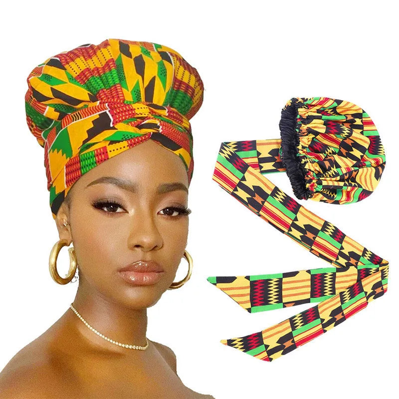 Double Layer Satin Silk Bonnet Large Size Double Layer Ankara Pattern African Print Sleep Hat Long Ribbon Wrap Outdoor Business