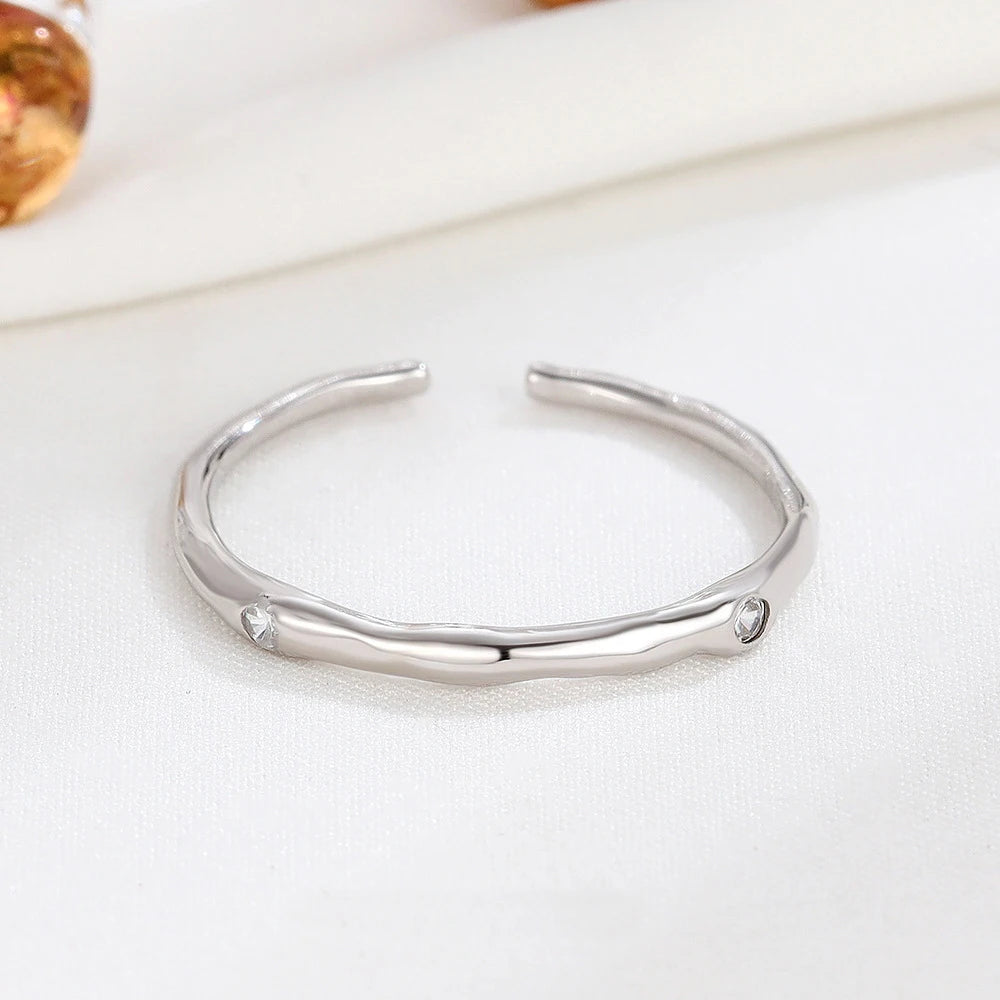 Simple Yulia YLDLR017 925 Sterling Silver Adjustable Ring Minimalist CZ Diamond Irregular Fold Texture Trendy Open Design