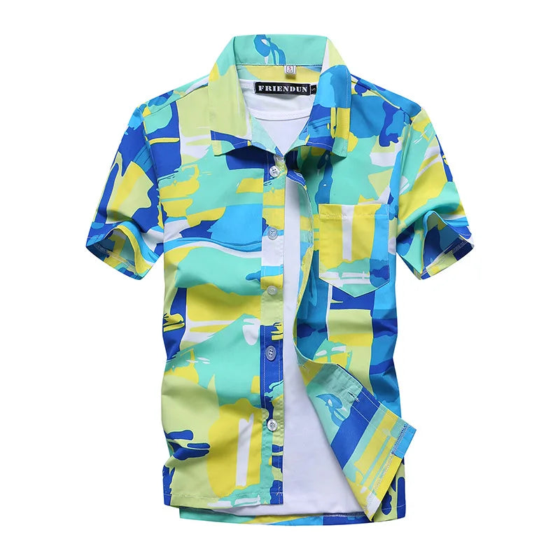 Fashion Mens Hawaiian Shirt Male Casual Colorful Printed Beach Shirts Short Sleeve Plus Size 5XL Mens Cotton Vintage Shirt