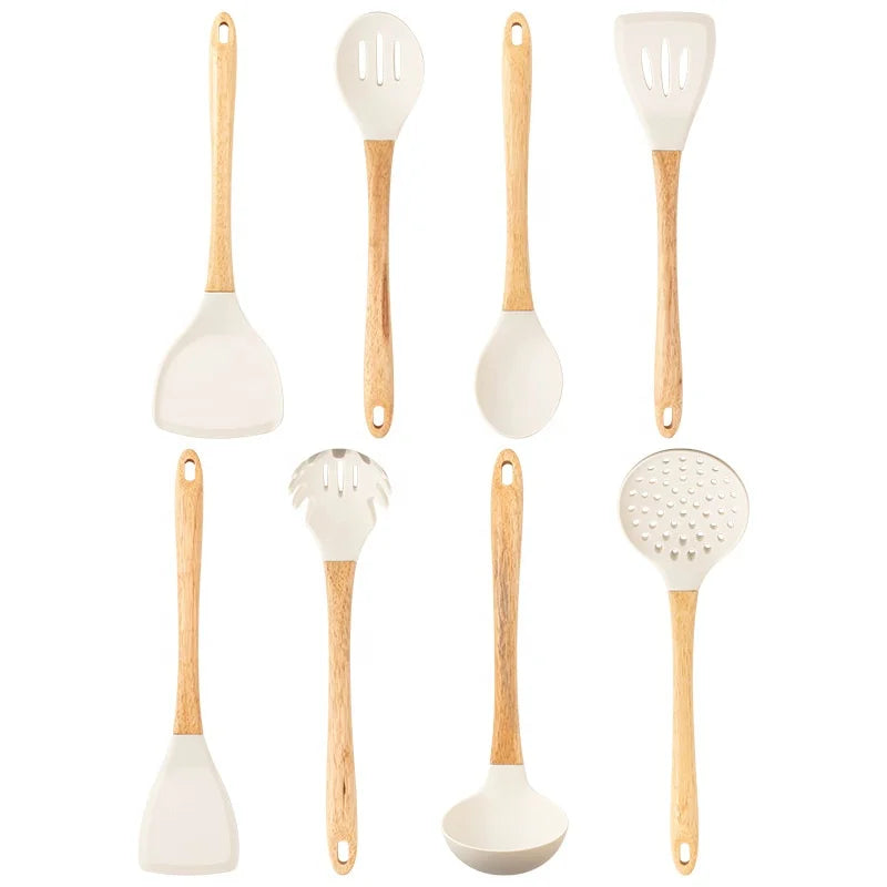 Hot Sell 8 Pcs Silicone Kitchen Utensil Tool Set Kitchen Accessories Heat Resistant Kitchen Cooking Tool With Wood Handle