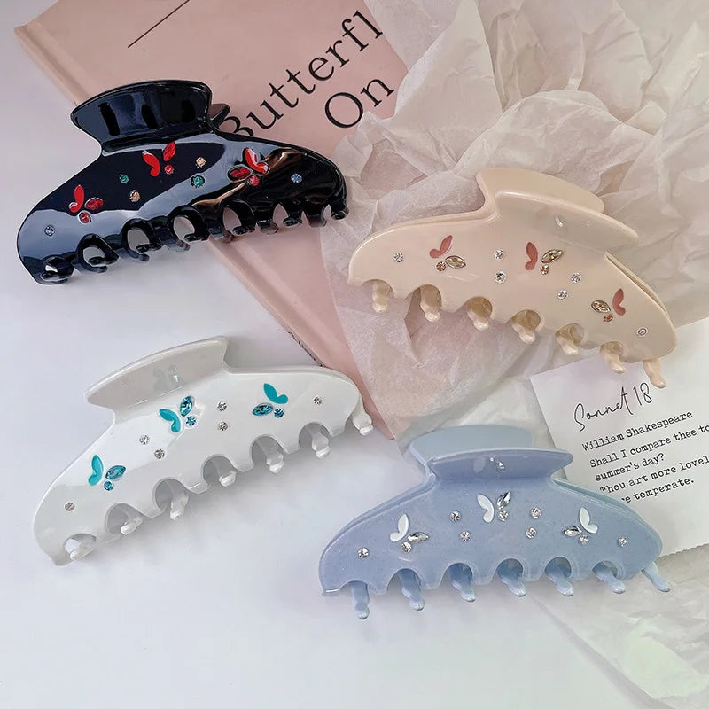 Sayoung Rhinestone Butterfly Wave Teeth Acetate Hair Claw Large Claw Clips for Women Girls New Hair Accessories