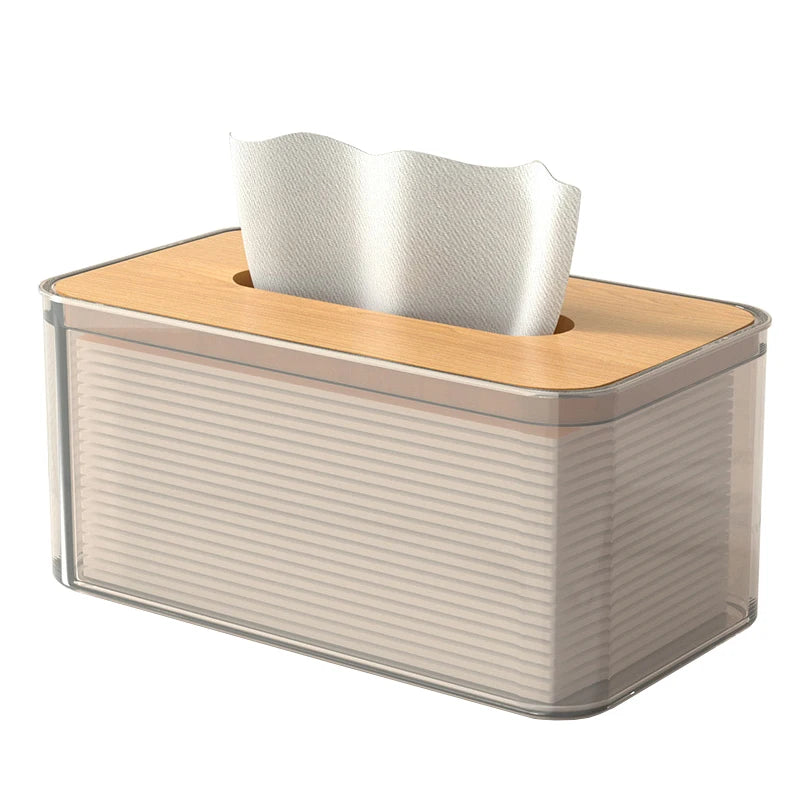 Clear Acrylic Tissue Box Cover Facial Paper Holder Dryer Sheet Dispenser with Wood Lid for Laundry Room Kitchen Countertop