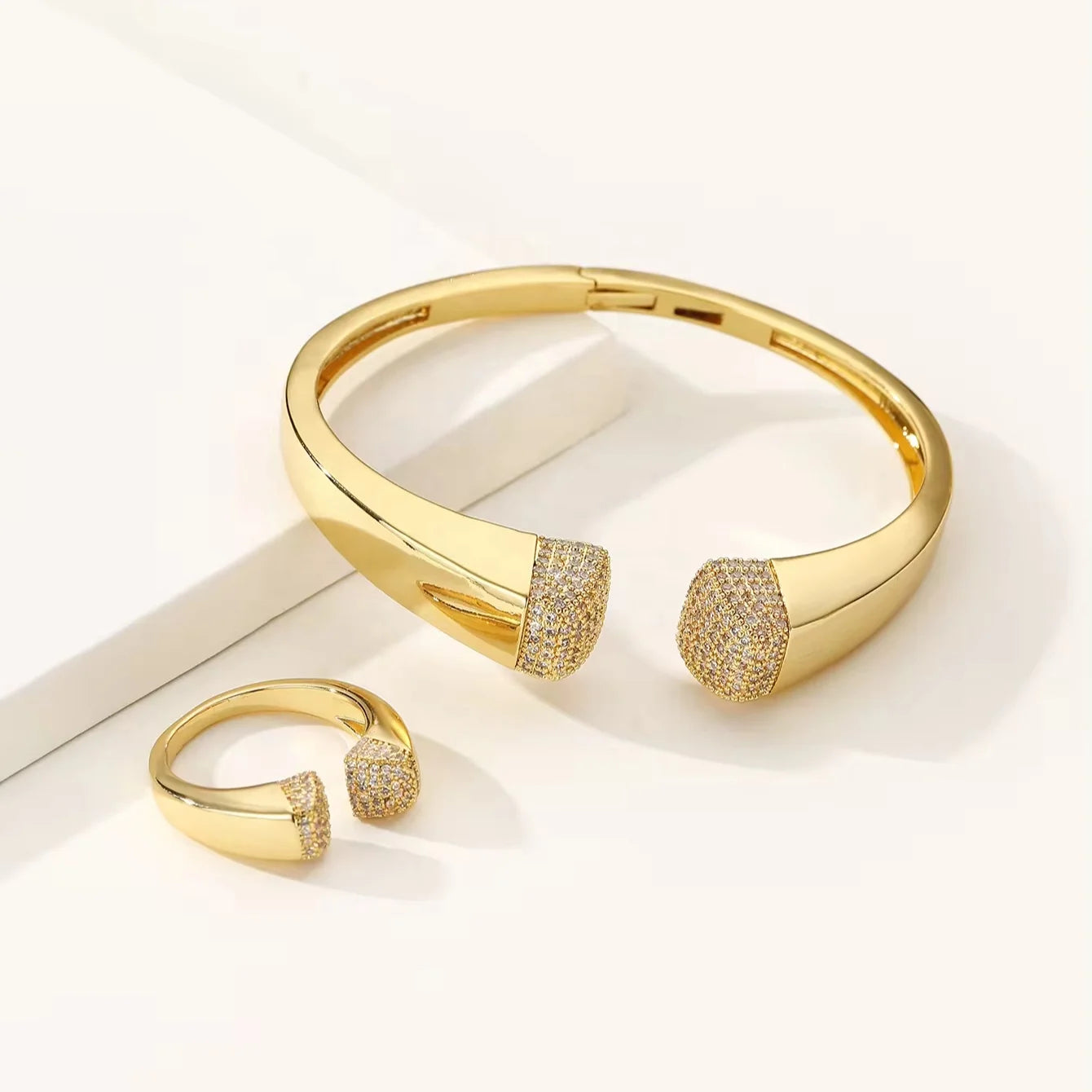 Fashion Personalized Cuff Bracelet Ring Diamond Brass Bracelet Women's Ring Jewelry Set
