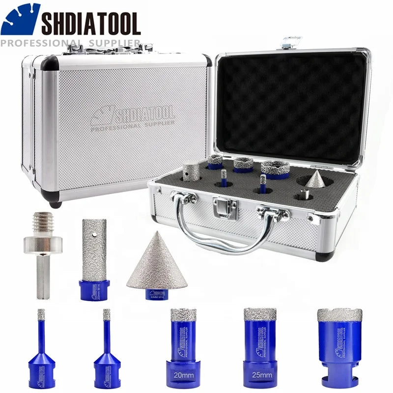 1set/10pcs M14 Thread Diamond Drill Core Bits Hole Saw Hole Cutter with Box 6/6/20/25/35 50mm Chamfer Bit+HEX Adapter