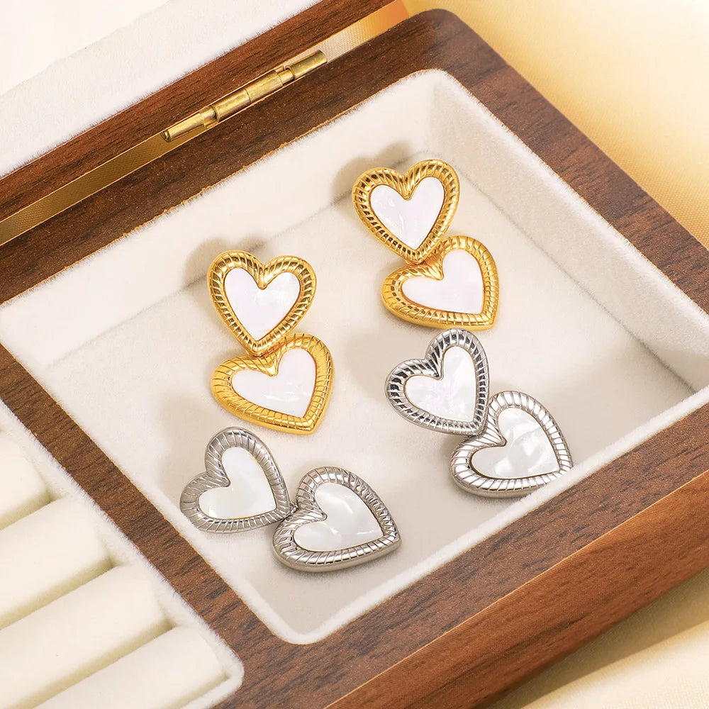 Stainless Steel Double Heart White Shell 18k Gold Plated Fashion Earring Valentine's Day Jewelry for Gift