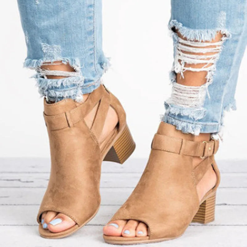 2026 Women Suede Fish Mouth Buckle Strap Thick Heel New Daily Fashion Casual Sandals Large Size Peep-toe Solid Color High Heels