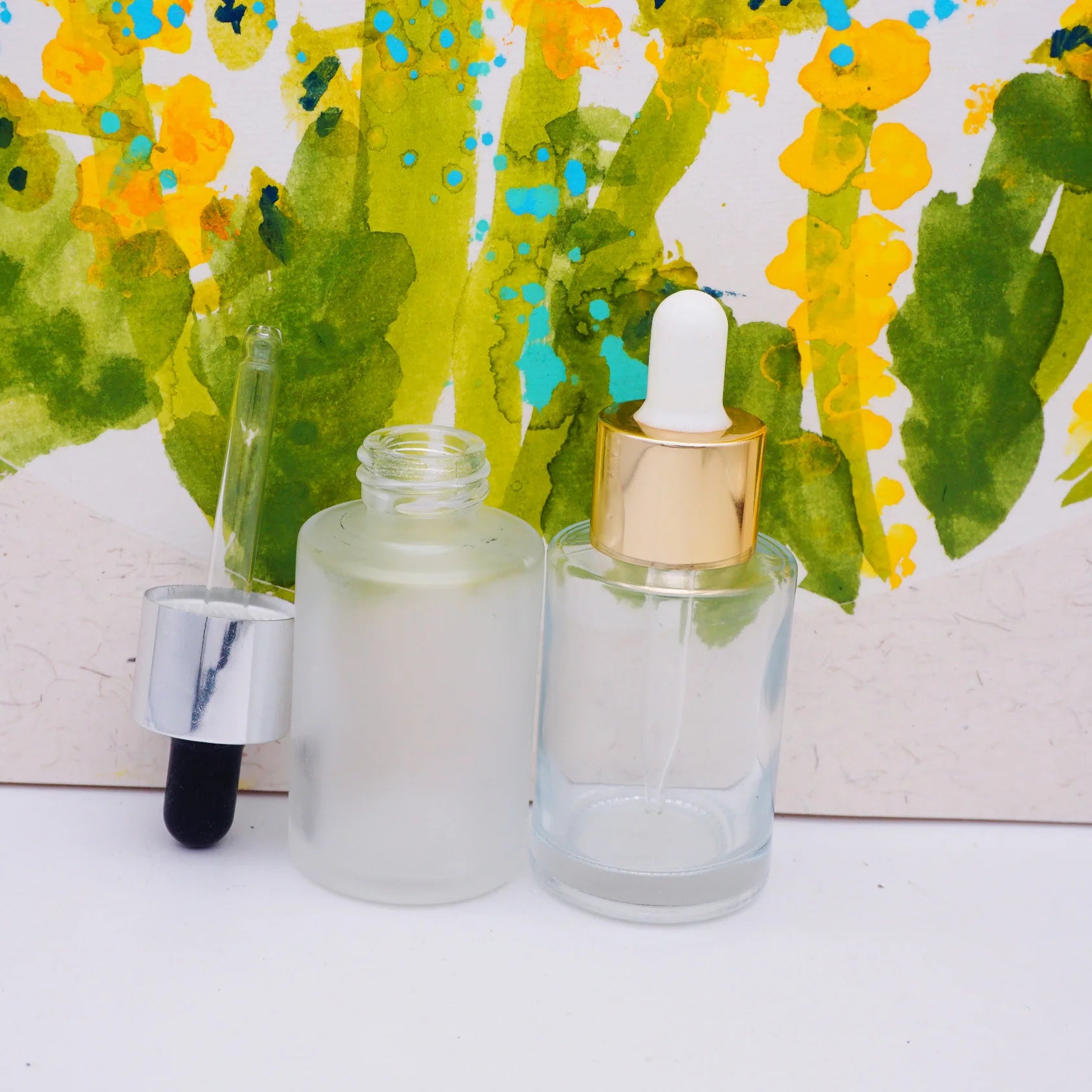 Flat Shoulder 30ml Frosted Glass Dropper Bottle with Gold Lid