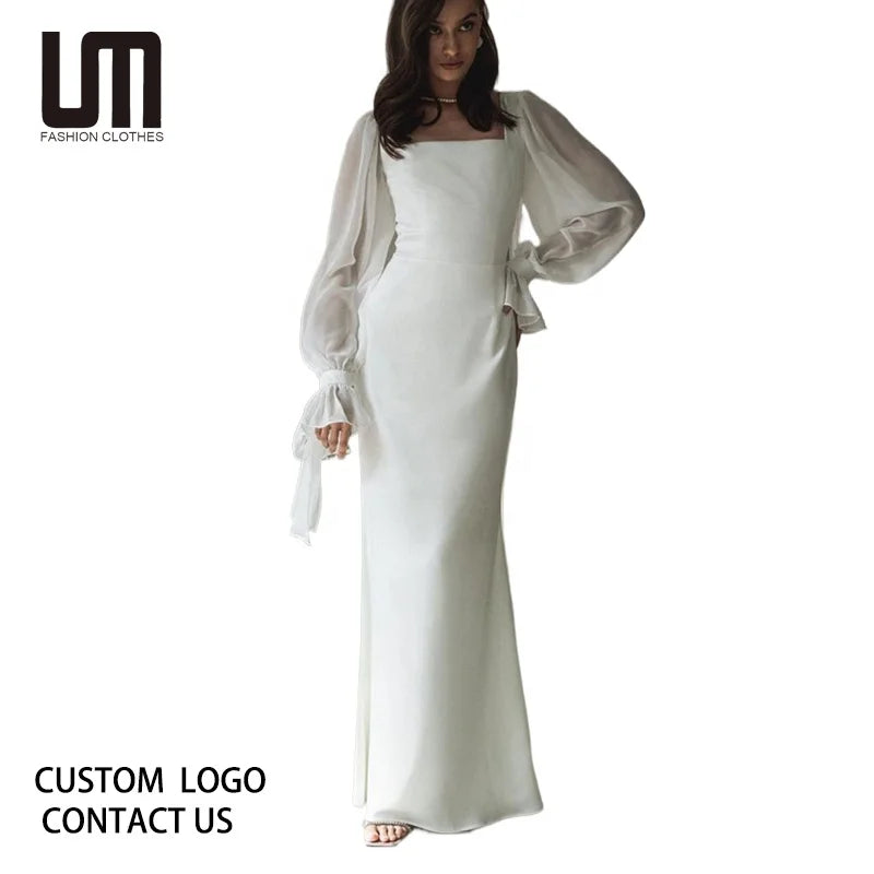 Liu Ming 2024 Spring New Fashion Women's Casual Slim Ankle-Length Dresses White Long Sleeve Square Collar Lace for Office Wear
