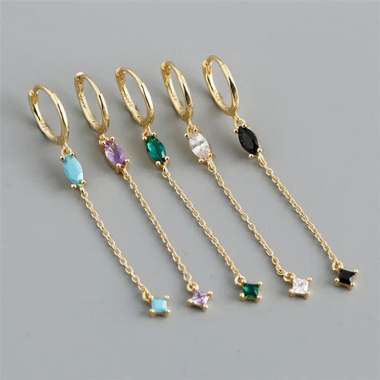 SP Exaggerated 925 Sterling Silver Long Tassel Chain Colorful Zircon Drop Earrings