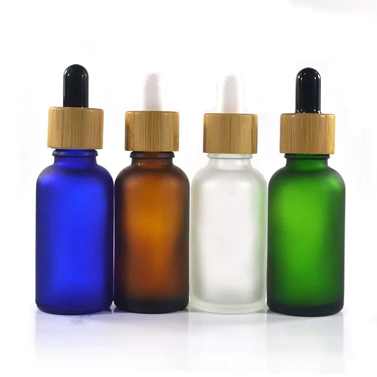 High Quality Essential Oil Glass Bottles with Frosted Dropper and Bamboo Lid 5ml 10ml 15ml 20ml 30ml 50ml 100ml Sizes