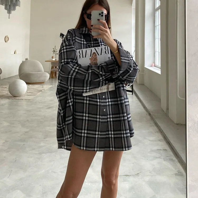 Enyami Urban Wear College Office Leisure Boxy Plaid Pattern Printed Oversize Long Sleeve Shirts Blouse Tops for Women
