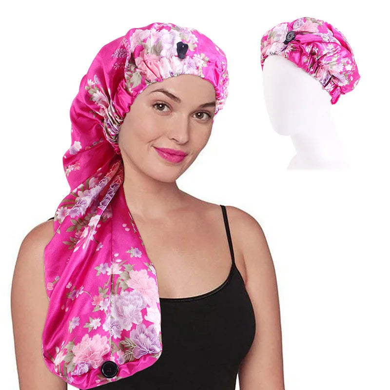 The United States Best-selling Ladies Dual-purpose Long Hair Cap Shower Cap Satin Printing nightcap Elastic Buckle