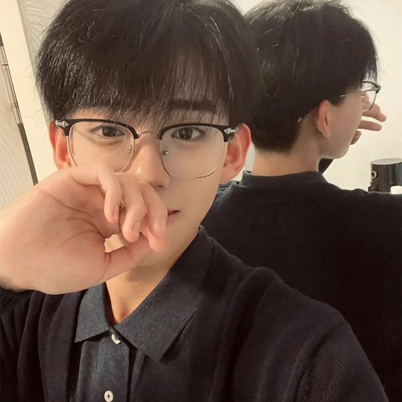2025 Fashionable Anti Blue Light Men Reading Glasses Flat Lens Women Half Square Metal Trendy Frame Optical Glasses
