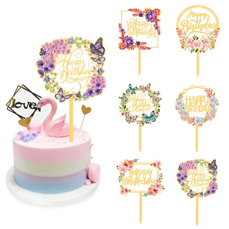 Ychon Customizable Happy Birthday Cake Decorating Supplies Party Cupcake Toppers Printed Acrylic Insert Card & Flag Cake Topper