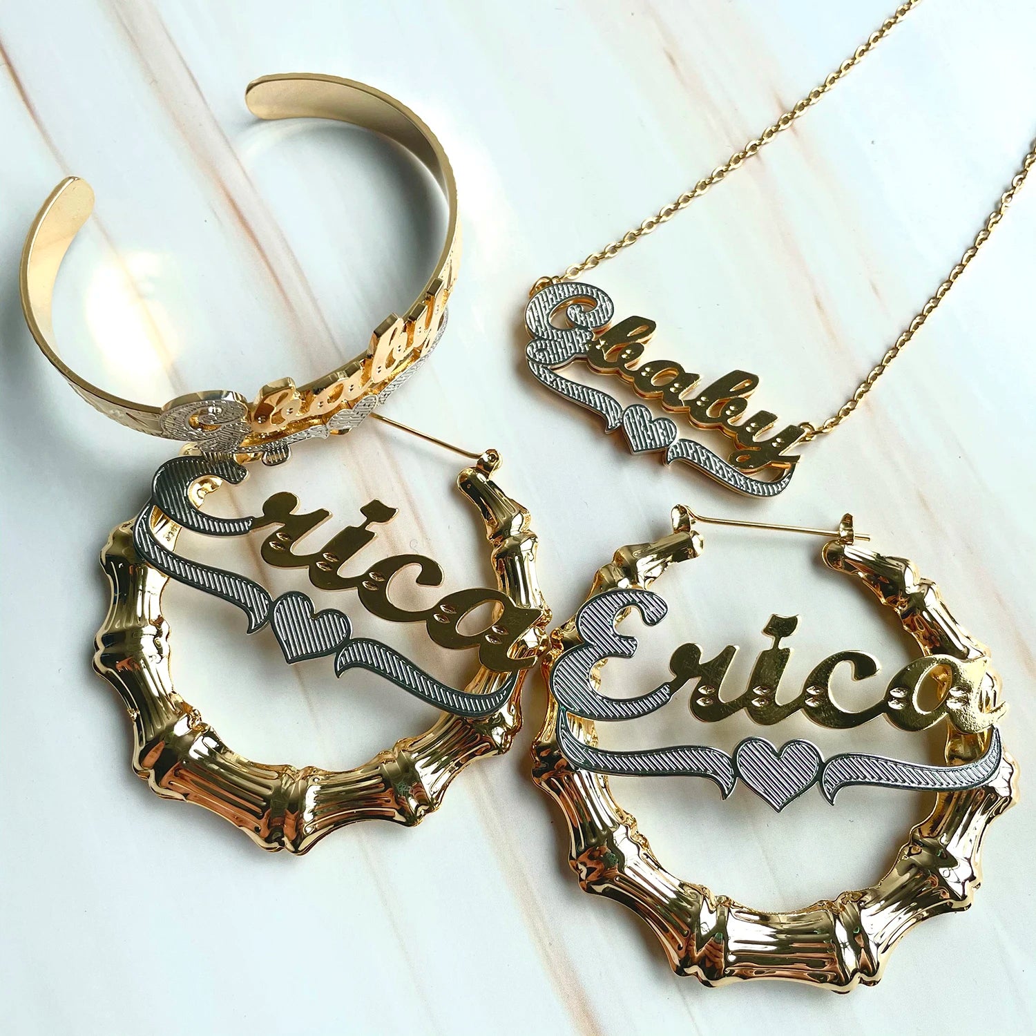 Best Selling Metal Two Tone 18K Gold Silver 3D Custom Name Double Plated Name Necklace Personalised Bracelet Earring