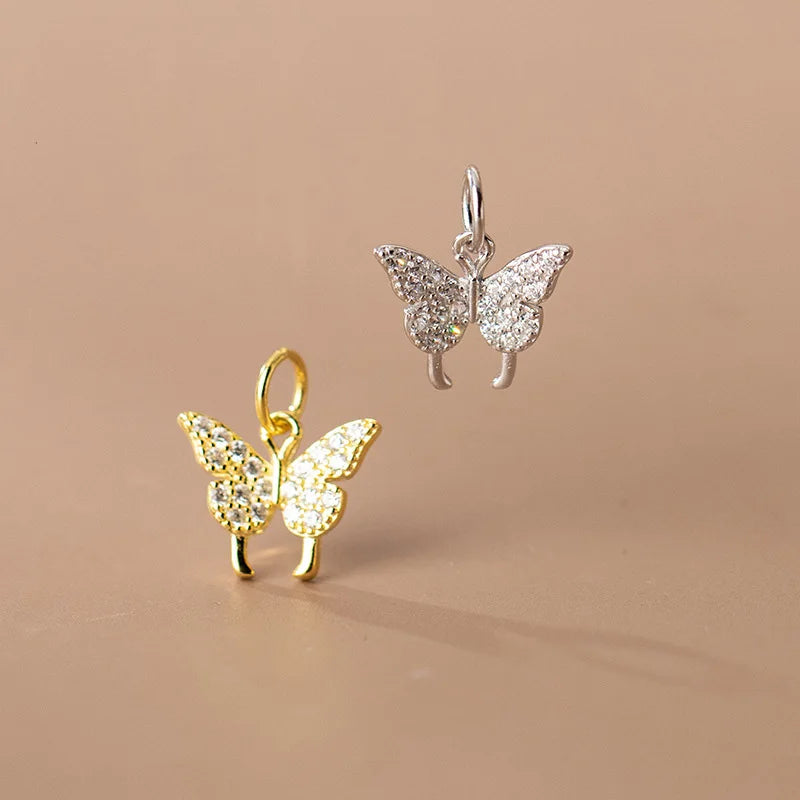 10mm Shiny 925 Sterling Silver Butterfly Charm CZ Micro Pave Pendant for Necklace Findings Supplies