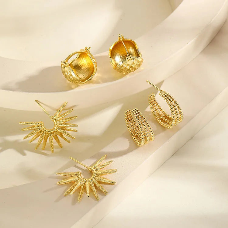 EM1384 Trendy Vintage 18k Gold Plated Brass Sun Sunburst Flower Triple Hoop Stud Earrings Ear Studs