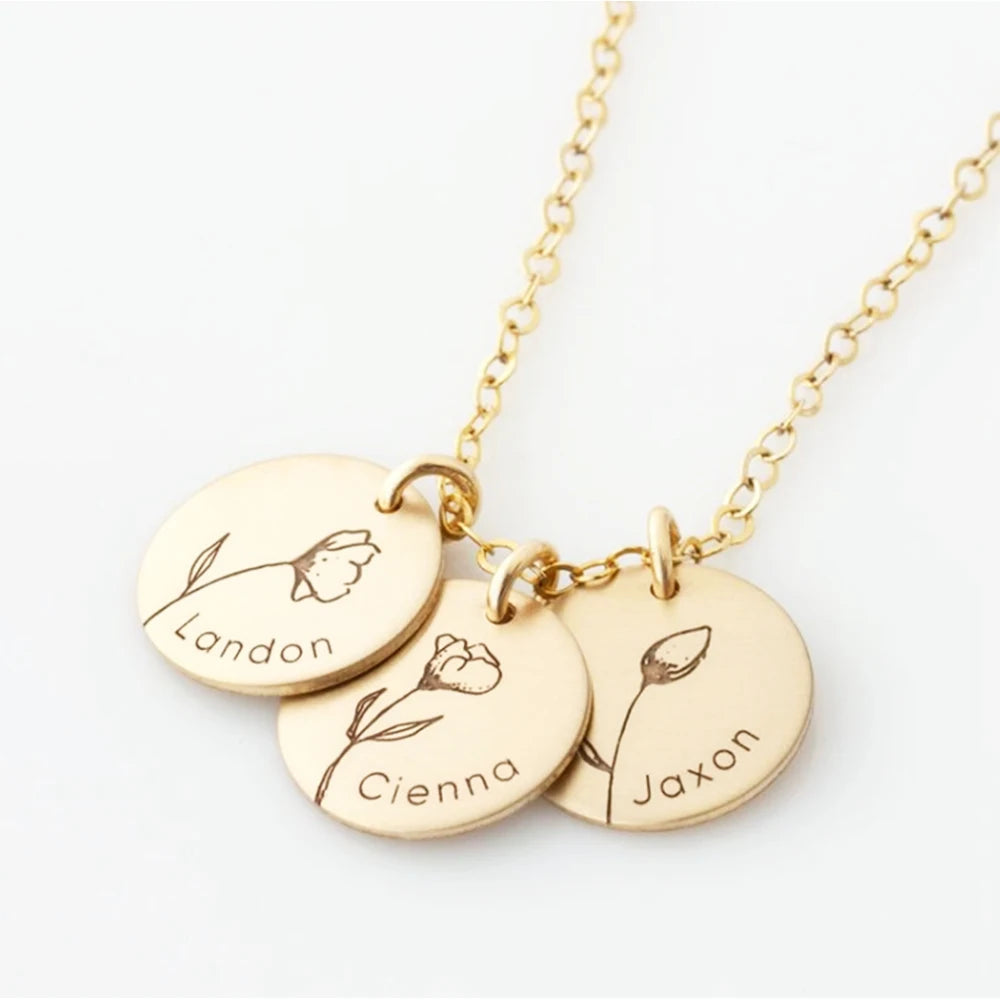 Flower Pendant Disc Coin Necklace Popular 18K Gold Sideway Initial I Disc Necklace Engraved Personalised Necklace