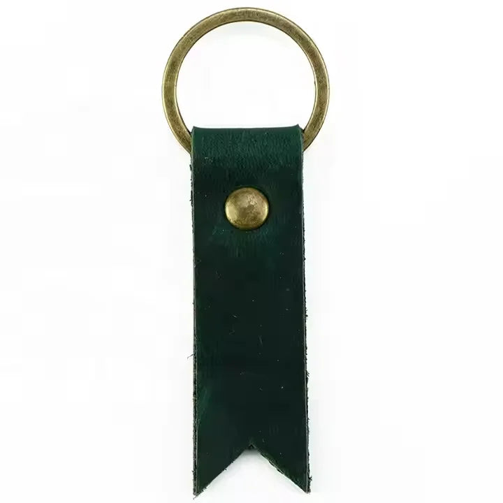 Custom Bulk Rectangle Engraved Logo Retro Brass Keyring Slim Crazy Horse Leather Keychain