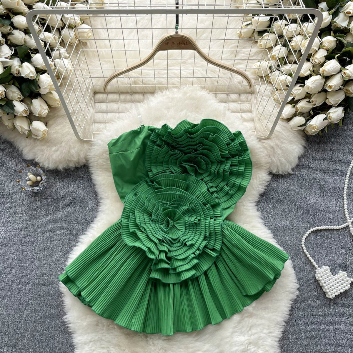 Sleeveless Top Brafemale Pleated Three-dimensional Flowers Irregular Lotus Leaf Holiday Shirts