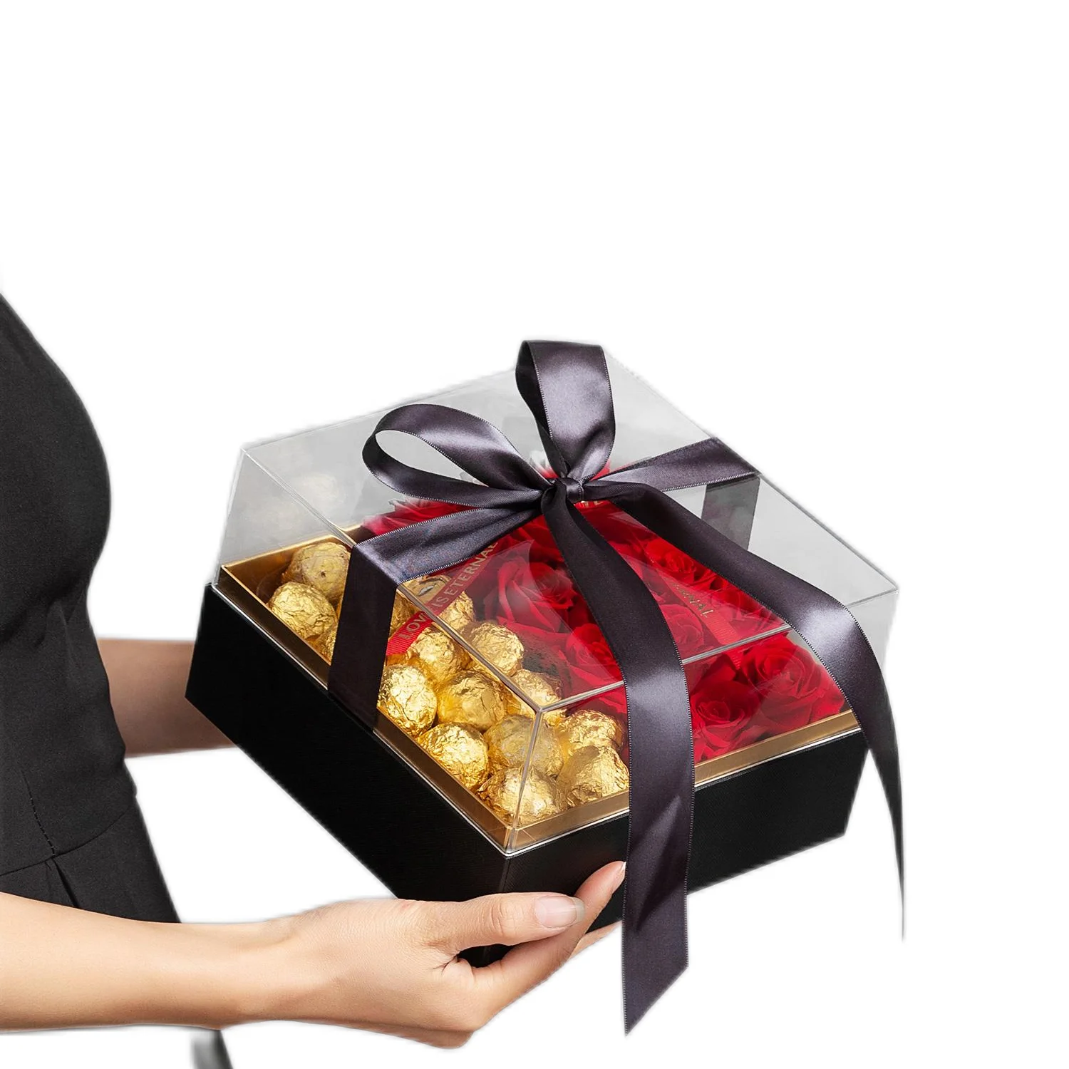 Transparent Luxury Square Rose Chocolate Display Square Gift Box Acrylic Flower Box With Ribbon