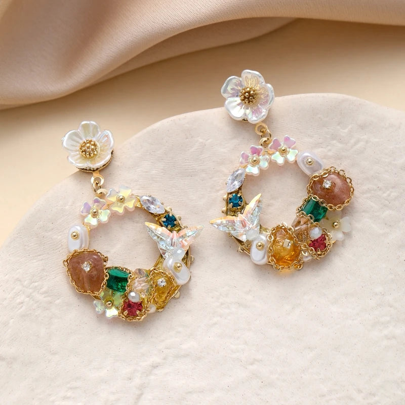 Ilona Shiny Flower Strawberry Crystal Fine Jewelry Handmade Dangle Stud Earrings with Butterfly Design As Fashionable Gift