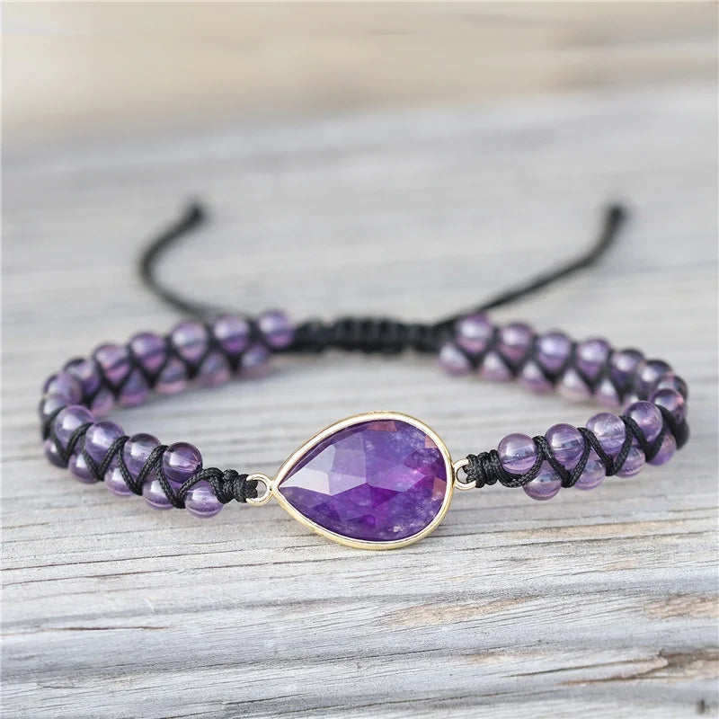 Handmade Amethyst Teardrop Charm Natural Stone Beads Braided Macrame Bracelet Adjustable Friendship Wrap Bracelet Women Jewelry