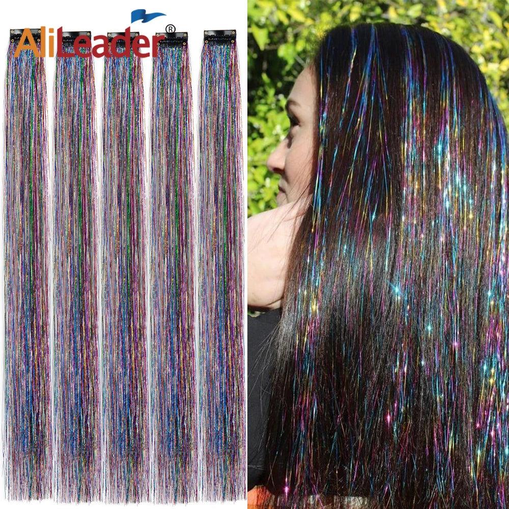 AliLeader Fashion Super Bright  Bling Shiny Party Highlights Glitter Synthetic Tinsel Hair Extensions Clip in Hair Tinsel