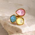 New Luxury Stainless Steel Gold Plated Ring Jewelry Women Multicoloured Cubic Zirconia Open Rings