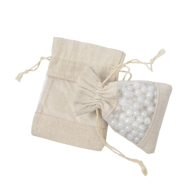 Custom Organic Cotton Drawstring Pouch Bag Small Jute Burlap with Organza Window Recyclable for Sock Packaging