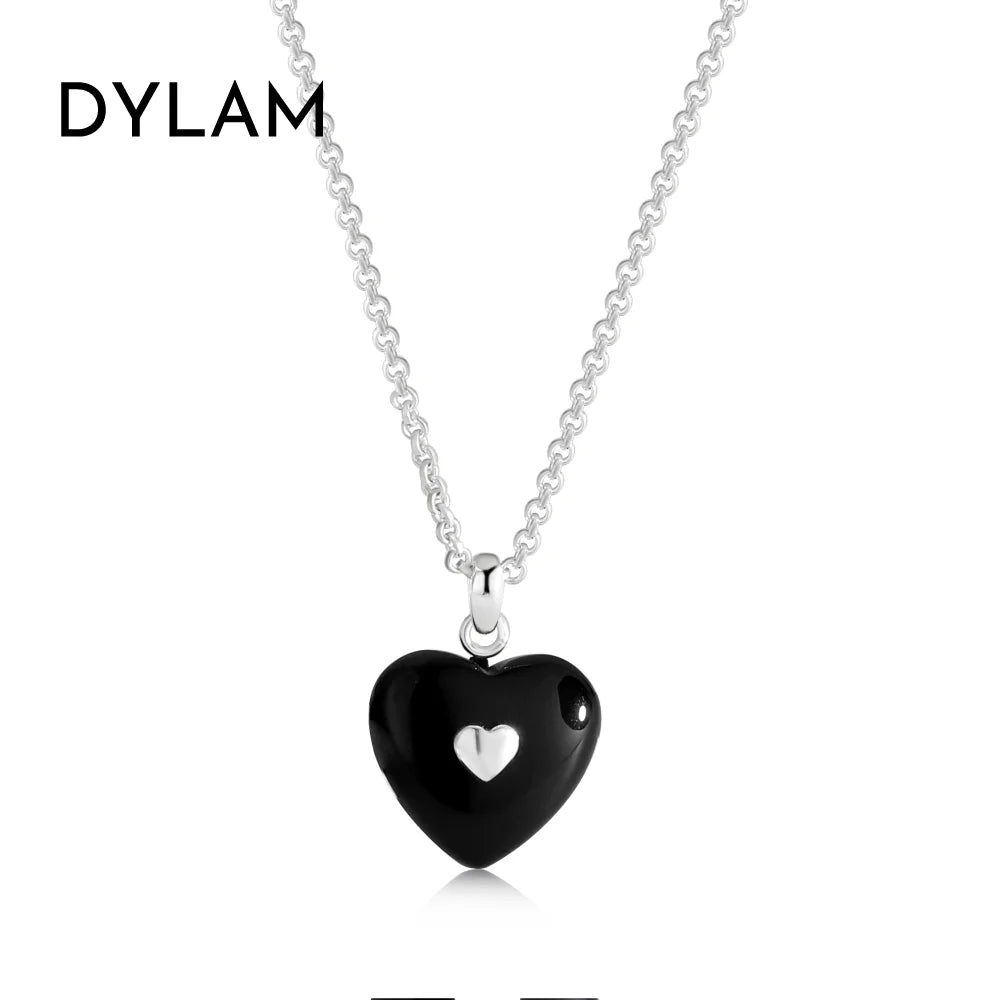 Dylam New Arrival Metallic Style Jewelry Agate Love Double Heart Shape Simple Sterling 925 Silver Black Pendant Necklace