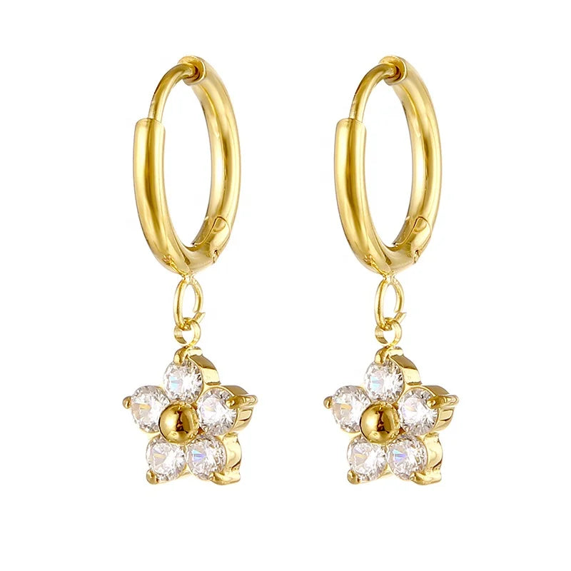 Wholesale Custom 18k Gold Plated Stainless Steel Pink Purple Diamond Flower Hoop Earrings 2023