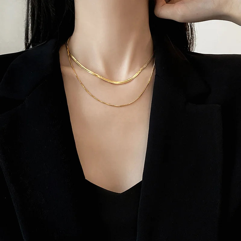 Hip Hops Gold Plating Link Chain Necklaces Double Layers Snake Bone Chain Necklace for Women Gifts
