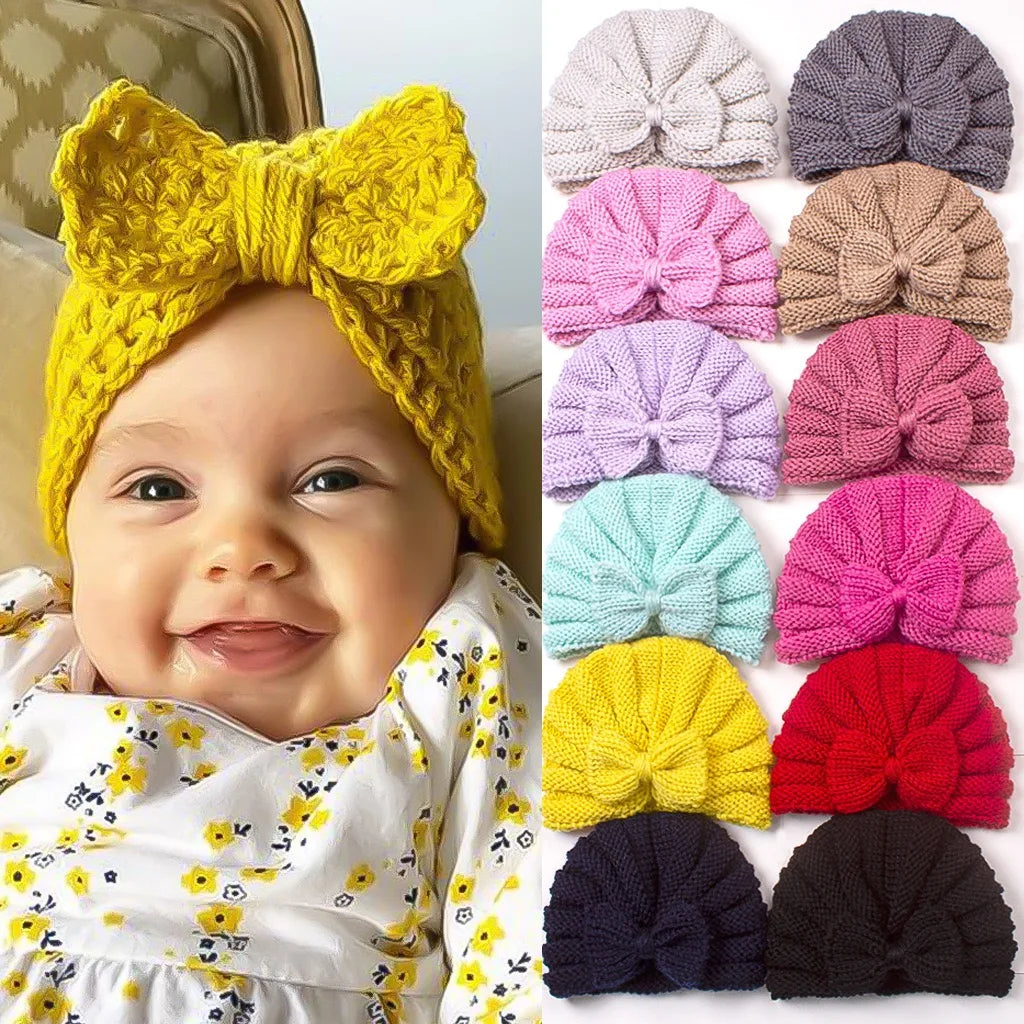 Autumn Winter Classic Girls Knit Beanie Hat Infant Toddler Newborn Warm Baby Cap with Cute Bow Digital Printing for Girls